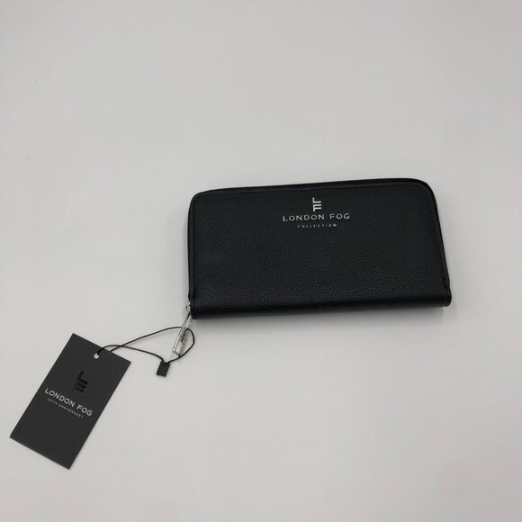 London Fog Cambridge Zip Around Wallet Black Faux Leather Elegant Compact NWT‎ - Picture 2 of 5